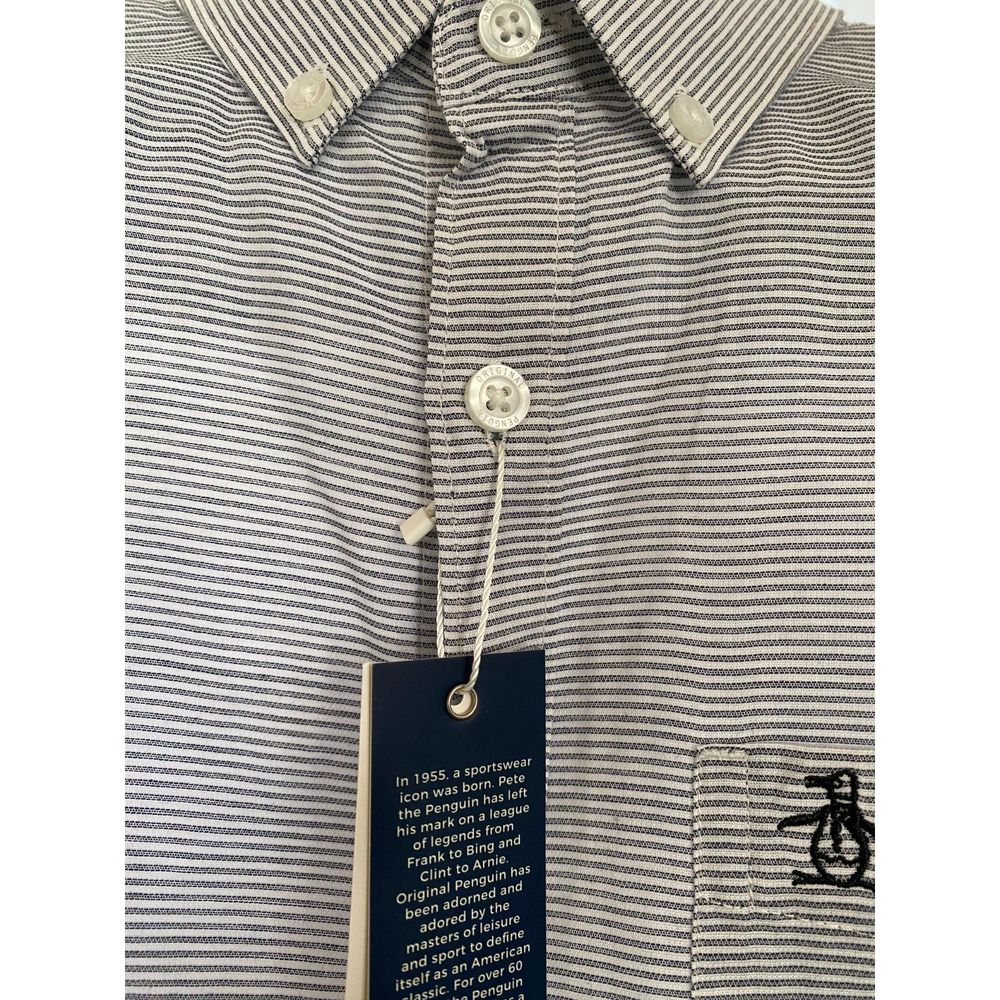 NWT Penguin Dark Sapphire & White Striped Cotton SS Button Down Shirt Size S - Picture 6 of 7